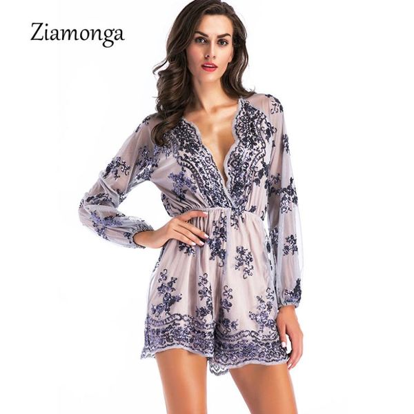 

women's jumpsuits & rompers ziamonga v-neck sequins bodysuit women 2021 fashion loose mesh yarn jumpsuit female long sleeve high waist, Black;white