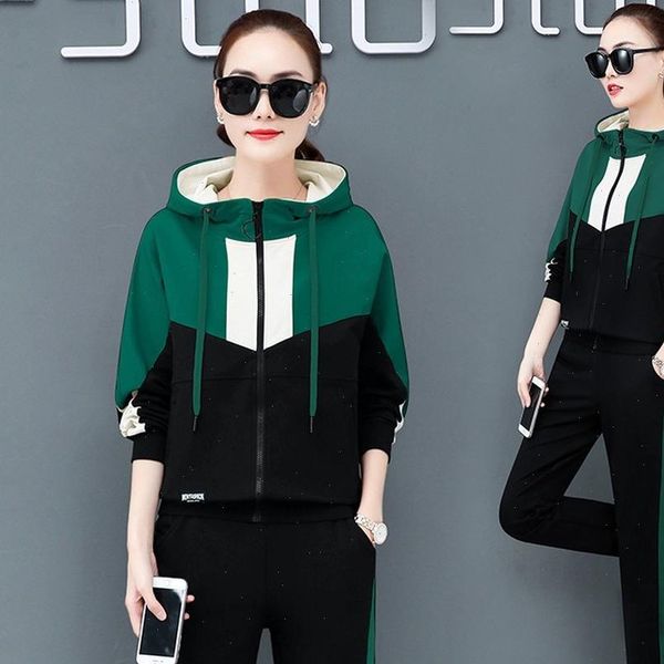 

contrast color tracksuit 2pcs pant womens tracksuits set street wear casual zipper hooded sweatshirt pants sport suit 2 piece, Gray