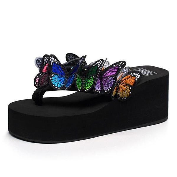 

slippers 2021 summer flip flops women casual comfortable sandals platform fashion butterfly decoration female, Black