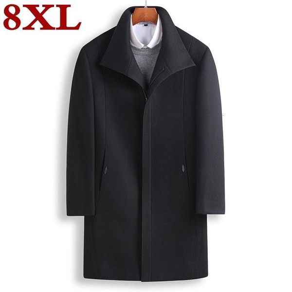 

men's wool & blends plus size 8xl 6xl luxurious autumn winter coat business casual long thick slim overcoat jacket male brand clothes, Black