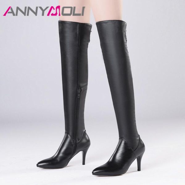 

boots annymoli winter thigh high women genuine leather zip thin heel over the knee slim super shoes lady 39, Black