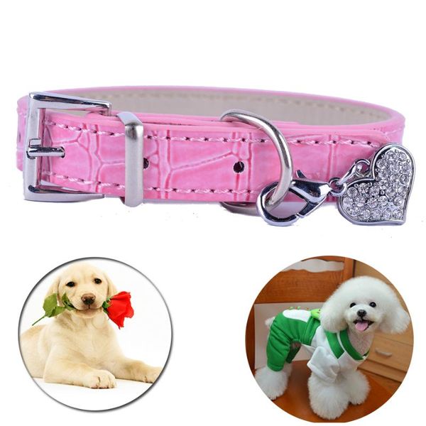 

dog collars & leashes croc leather collar with rhinestones heart shaped tag charm pink black blue white color necklace small pet supplies