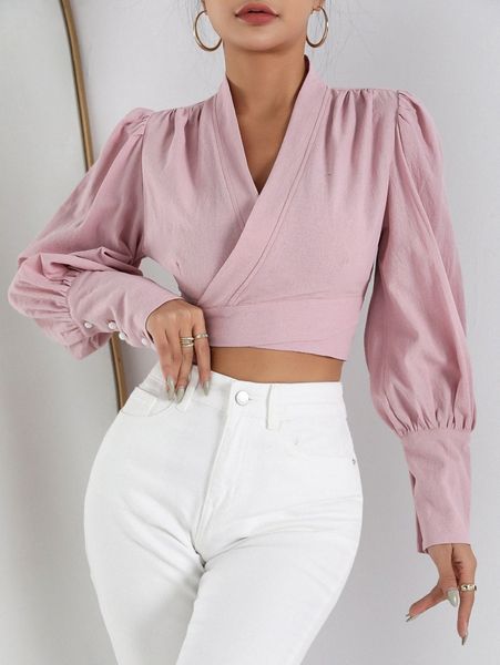 

solid tie back wrap crop blouse 19c4#, White