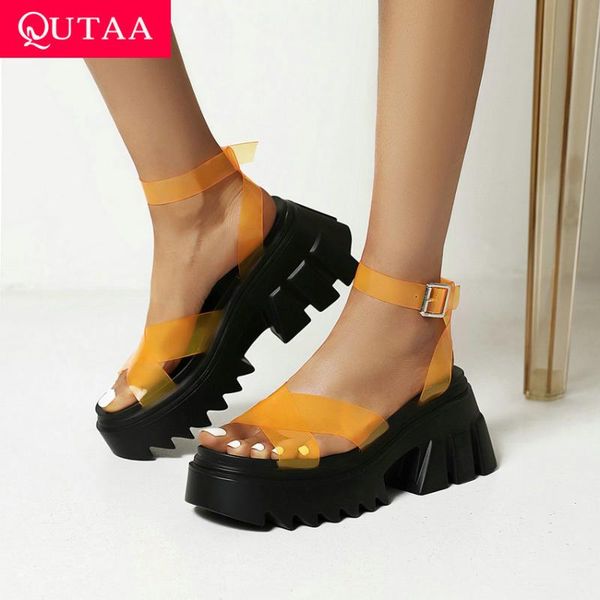

platform summer transparent pvc punk sandals ankle strap buckle wedge high heel fashion female shoes big size 35-43 dress, Black