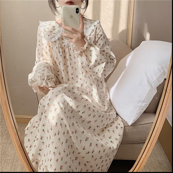 

cotton linene sleep dress home womens sleepwears clothes long sleeve peter pan collar floral print nightgown autumn loose nightdress y082, Black;red