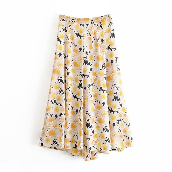 

skirts women chic floral print boho style side split long midi skirt high waist buttons vintage faldas mujer moda 2021, Black