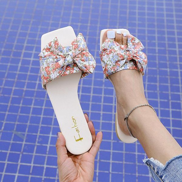 

slippers women's 2021 summer sandals fashion bow flat bottom women chaussure femme zapatillas low height shoes pink, Black