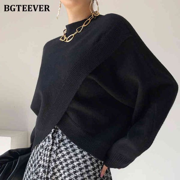 

sweaters 2021 stylish criss-cross knitted jumpers autumn winter new half turtlenck loose female knitting pullover sweaters 2a2g, White;black