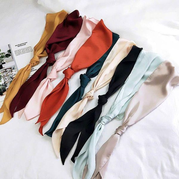 

sell at a loss 13x138cm korean women collar sweet candy solid color spring little scarf satin handbag wrist ribbon scarves, Blue;gray