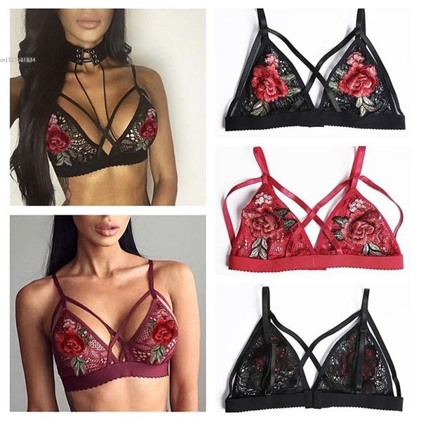 

women's tanks & camis 2021 women crossing bandage crop floral sheer lace bra seamless black bralette wireless bustier tank, White