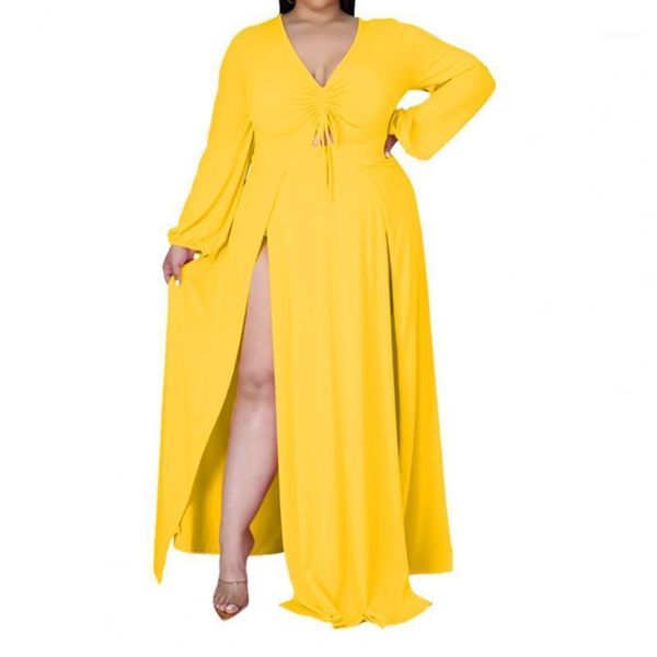 

casual dresses solid color split hem maxi dress women v-neck shirring floor-length oversized, Black;gray