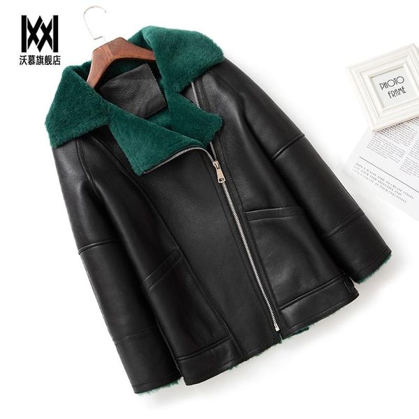 

men's leather & faux original ecological sheepskin fur overcoat women's casual loose thick warm genuine jacket real shearling coat, Black