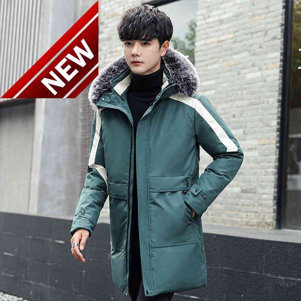 

2021 winter big fur collar hooded young men's fashion trend white duck down jacket for cold temperature long warm coat, Black