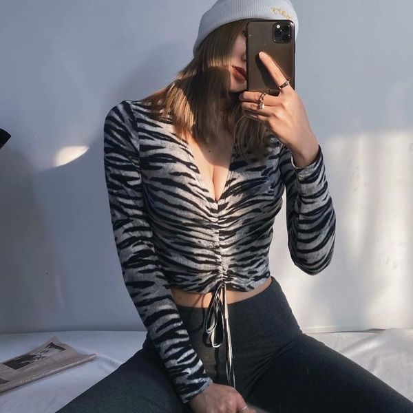 

zebra pattern v-neck drawstring long sleeve bottoming t-shirts spring and fall women 2021 fashion short thin streetwear women's t-s, White