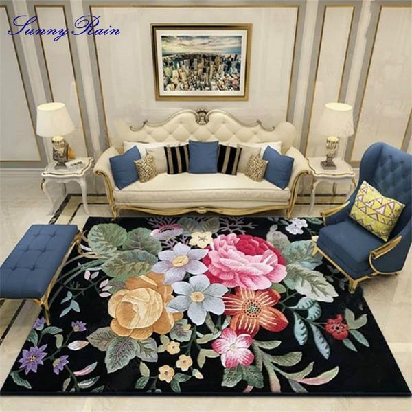 

sunnyrain 1-piece 3d flowers black rug for living room and carpets kitchen area bedroom slip resistance