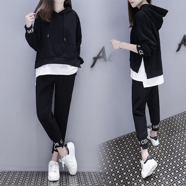 

fashion sports suit women's autumn 2020 korean fashion color blocking casual sweater large two-piece set, Gray