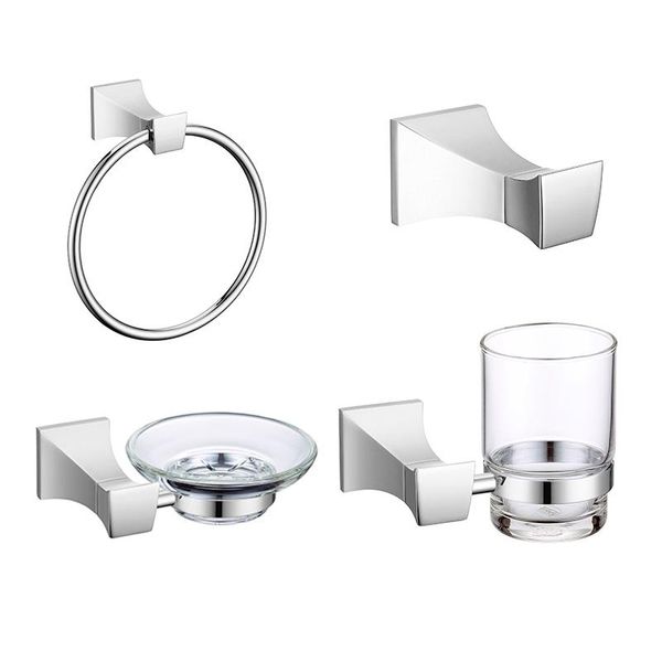 

stainless steel bathroom accessories set, towel ring, bathrobe hook, tooth brushing glass, glass soap dish, chrome plated bath accessory set