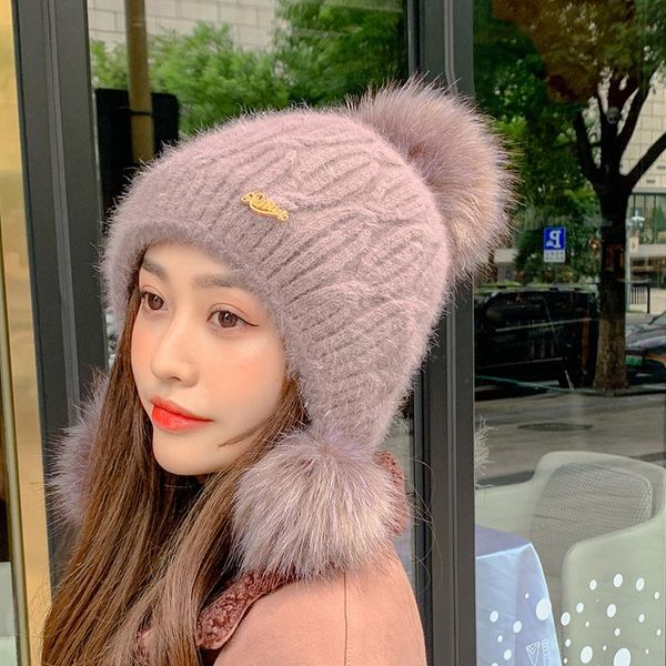 

beanies 2021 warm hat women fur winter female fashion add lined pompoms knitted