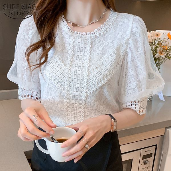 

summer shirt short sleeve women's lace splicing blouse hollow out loose ladies puff and blosue 14408 210508, White