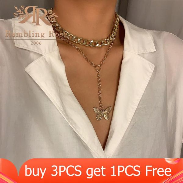 

pendant necklaces punk double layer women's necklace choker gold color vintage fashion chain butterfly for women jewelry gift, Silver