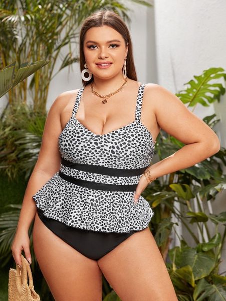 

plus dalmatian print ruffle hem bikini swimsuit n3wl#, Black