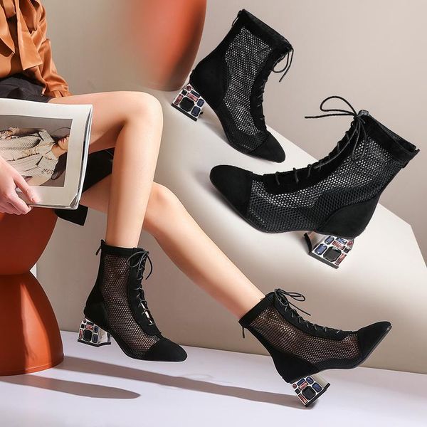

dress shoes mesh peep toe sandals heels single women in europe and america 2021 spring gauze mujer high pointed, Black