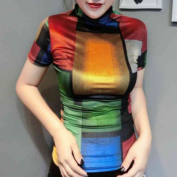 

women's t-shirt spring summer european clothes pleuche print color plaid t-shirt women ropa mujer bottoming shirt slim tees t, White