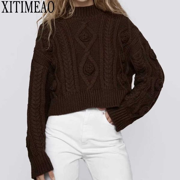 Za mulheres mão malha suéter outono moda marrom tripulação pescoço suéters básico feminino pulôver maciço femme casual knitwear 210602