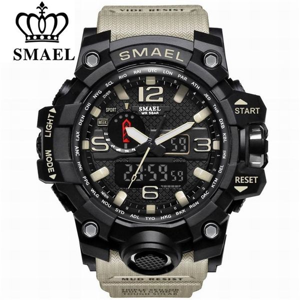 

smael brand fashion watch men waterproof sports military watches 1545 men's luxury wristwatch analog quartz dual display watch 210329, Slivery;brown