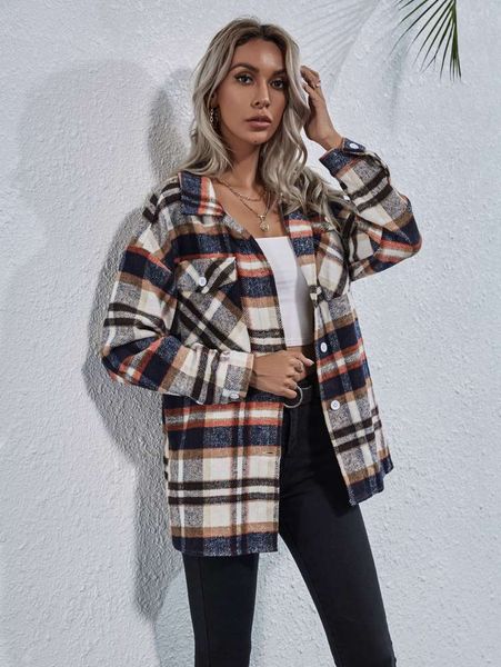 

loose casual lapel plaid wool coat autumn winter, Black;brown