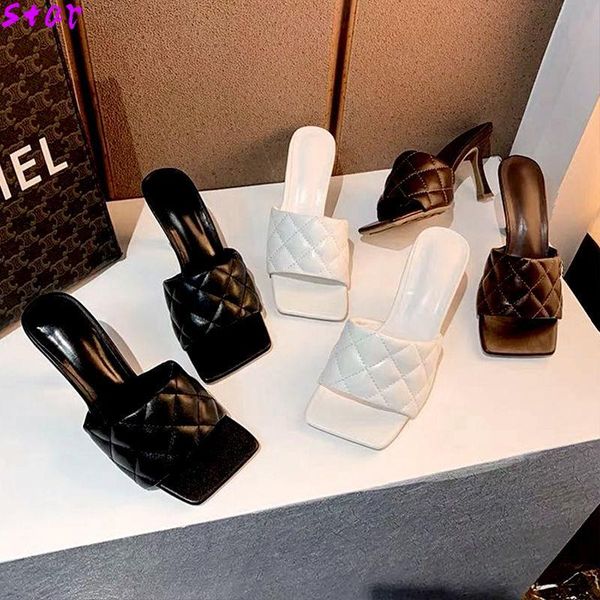 

summer square toe women slippers fashion thin heeled ladies mules elegant female high heels outside slides sandals dress shoes, Black