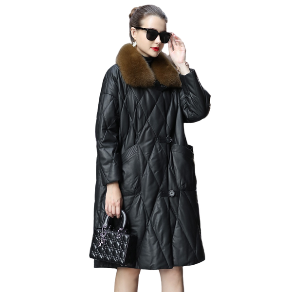 

women's leather & faux down jacket 2021 winter medium length loose large sheepskin fur collar coat warm outerwear, Black