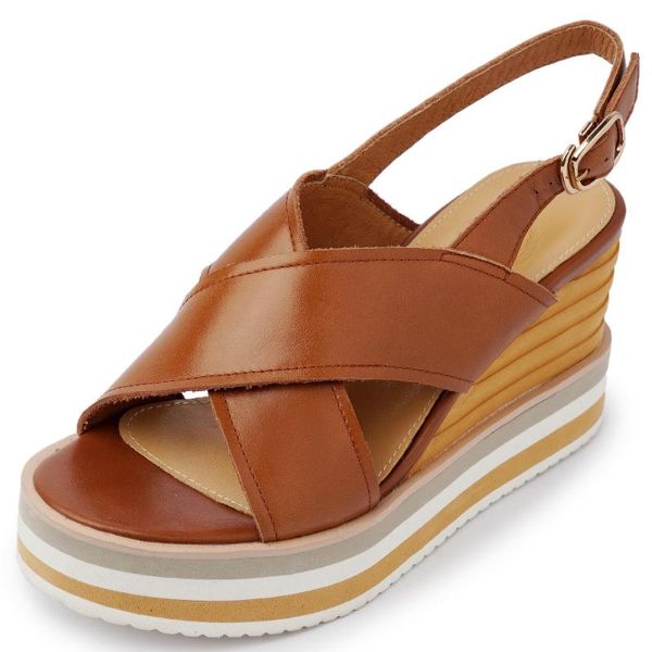 

sandals women's genuine leather wedge platform high heel cross strao open toe summer female comfortable casual heels shoes women, Black