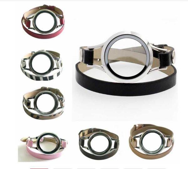 

charm bracelets 1pc 30mm glass floating living memory locket pu leather double wrap with 10pcs charms women jewelry, Golden;silver