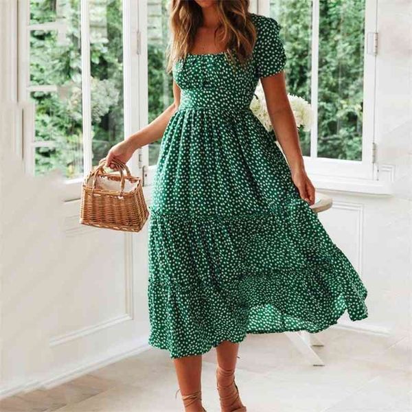 Старинные печатные платья в рукаве женские лето новый сладкий повседневный квадратный воротник зеленый цветочный принт длинные платья тонкие Vestidos 210323