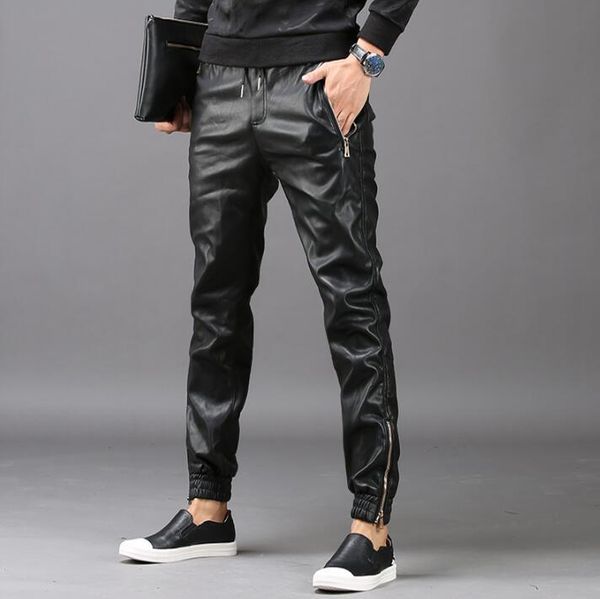 

winter personality fashion harem pants mens leather trousers pantalones hombre cargo feet for men lus velvet thickening men's, Black