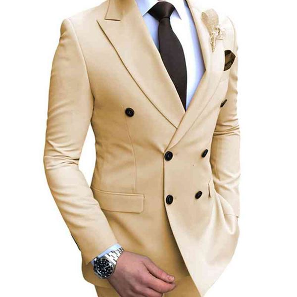

men's suits & blazers novo terno bege masculino 2 peÃ§as duplo breasted notch lapela plana magro ajuste casual smoking para casamento (b, White;black