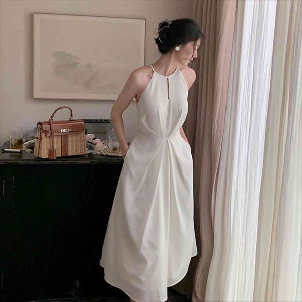 

summer elegant white french style women dress sleeveless halter party strap female vestidos, Black;gray