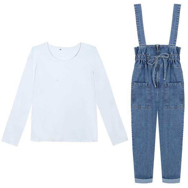 

women's jumpsuits & rompers dancing wings spring women bib blue denim overalls loose high waist drawstring jean 7ebe, Black;white