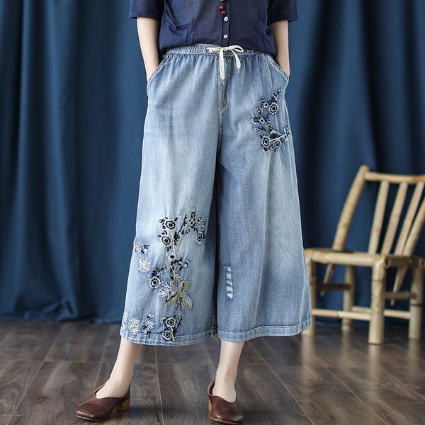 

chinese style womens jeans 2021 vintage denim chinese trousers womens embroider jeans kung fu pants ethnic wide leg pants 10370, Red