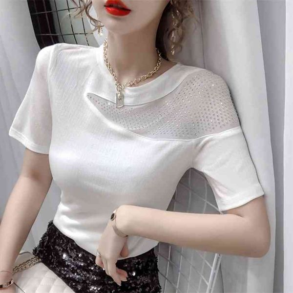 

women's diamonds t-shirt patchwork fabric short-sleeved slim korean club fashion wild woman tees female ls371 210506, White