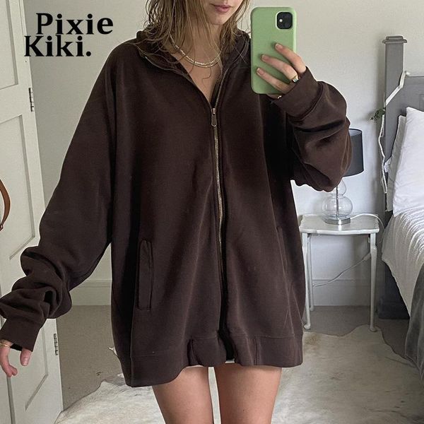 

women's hoodies & sweatshirts pixiekiki y2k grunge brown zip up hoodie oversized jackets for women 2021 vintage 90s aesthetic sweatshir, Black