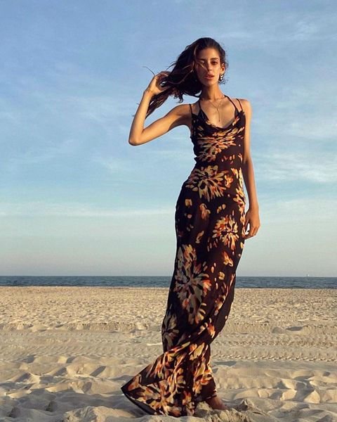 

2021 sling print halter beach dress long beach cover up woman swimwear bikini tunic long robe plage beachwear outfitby air