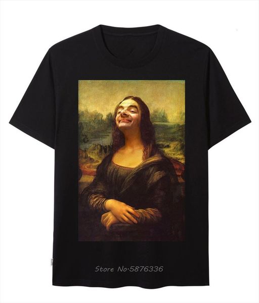 

mona lisa x mr bean men rowan atkinson smile funny black t shirt cotton o neck sportswear tee, White;black