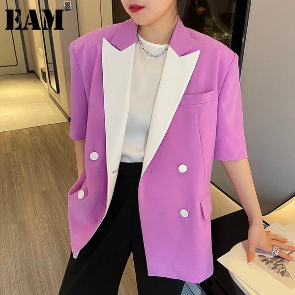 

women's suits & blazers [eam] women purple contrast color big size blazer lapel half sleeve loose fit jacket fashion spring summer 2021, White;black