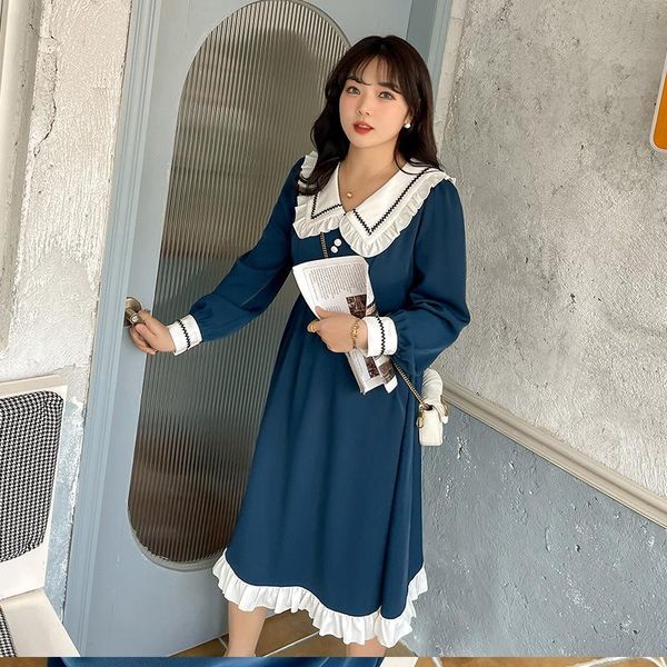 

casual dresses women's spring doll collar lace button dress plus size knee length wear 100kg can, Black;gray