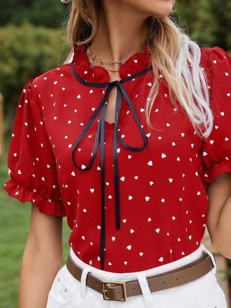 

confetti heart print tie neck blouse m7ag#, White