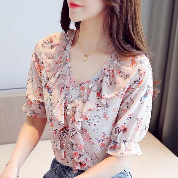 

women's blouses & shirts blouse women 2021 blusas mujer ruffles v-neck print chiffon shirt short sleeve blusa d348, White