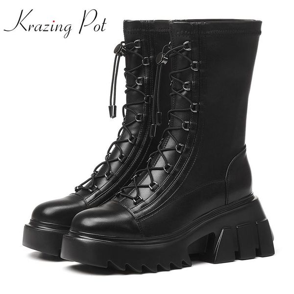 

boots krazing pot genuine leather leisure round toe cross-tied brand keep warm increased black color high heels mid-calf l88