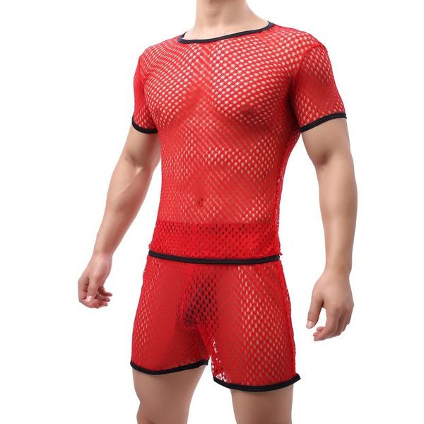 

men's sleepwear men clothes set mesh pajama suit see-through plus size two-piece lingerie loungewear short sleeve t-shirt boxer shorts, Black;brown
